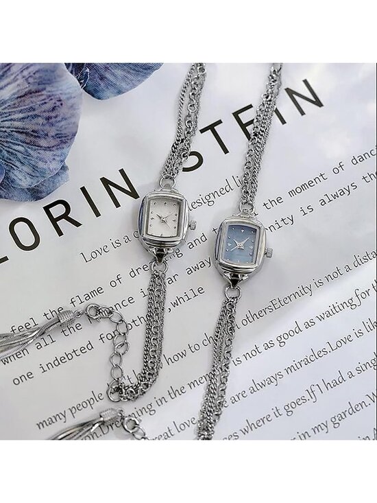 Women\'s Silver Blue Dainty Rectangle Ultra Thin Waterproof Quartz Bracelet Watch